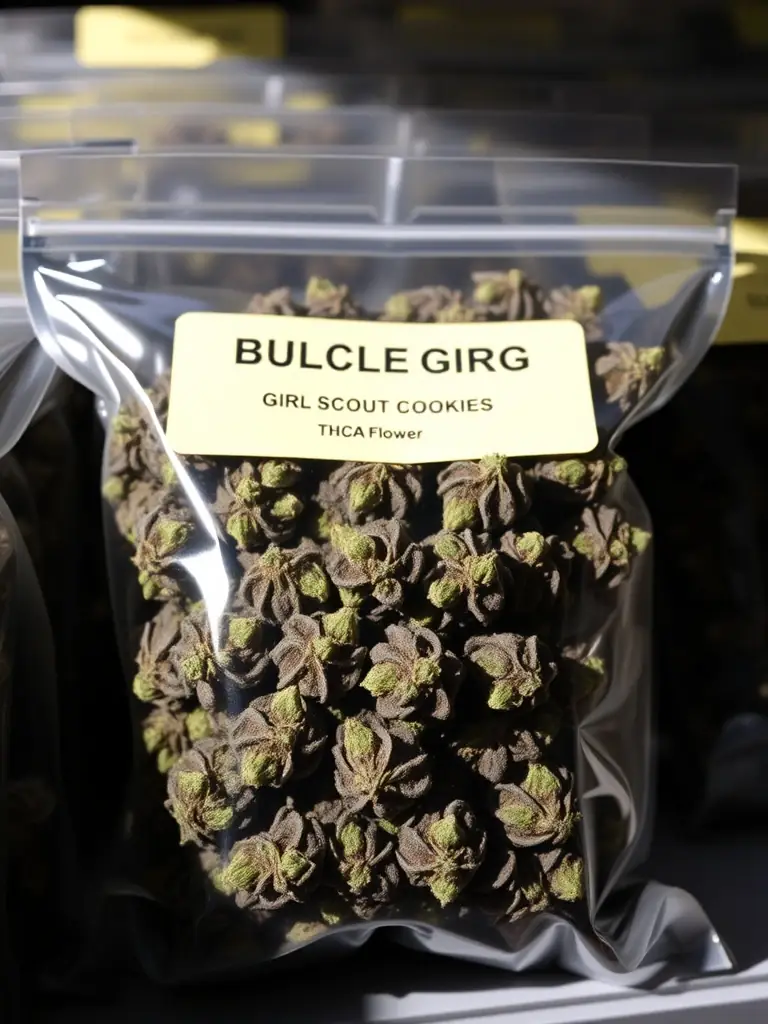 A professional shot of Girl Scout Cookies THCA flower in bulk packaging, displaying the strain's unique mix of deep green and purple hues, emphasizing the quality and appeal for wholesale buyers.