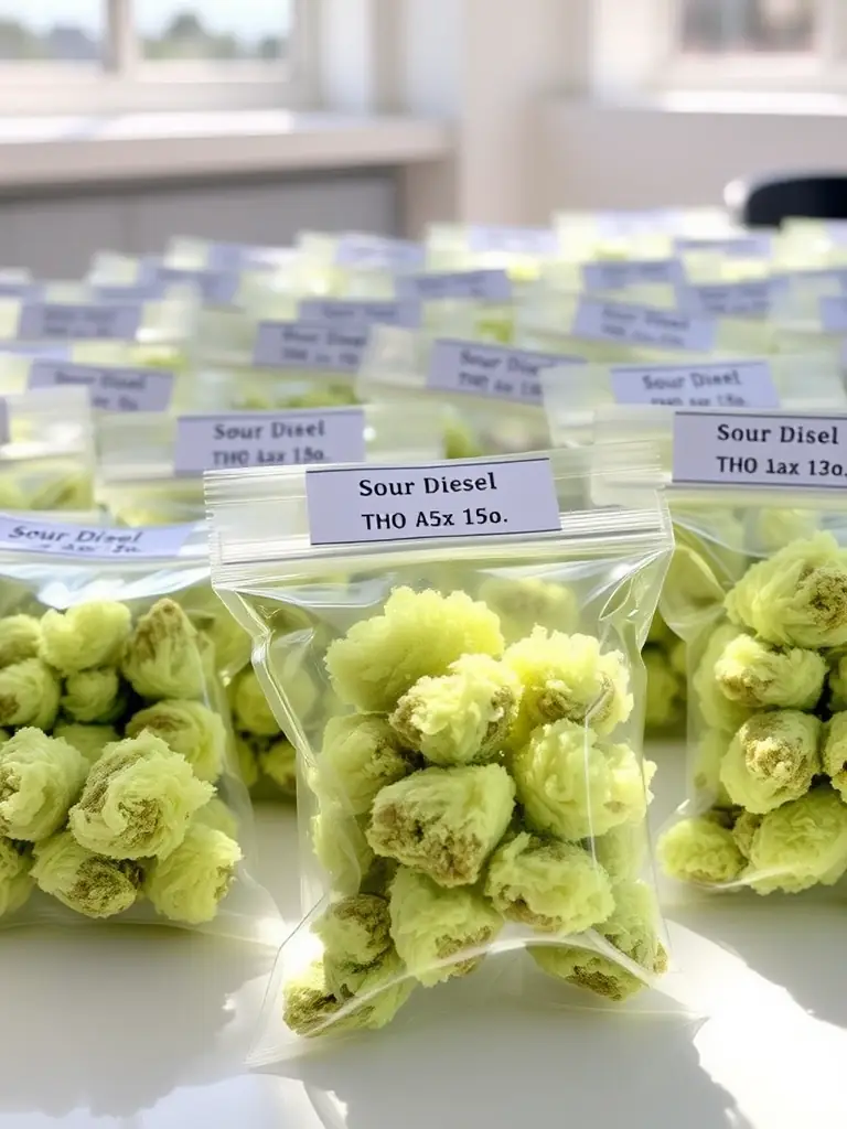 A visually appealing photograph of Sour Diesel THCA flower in a wholesale setting, showing multiple 1-ounce packages, highlighting the strain's distinct light green color and fluffy texture.