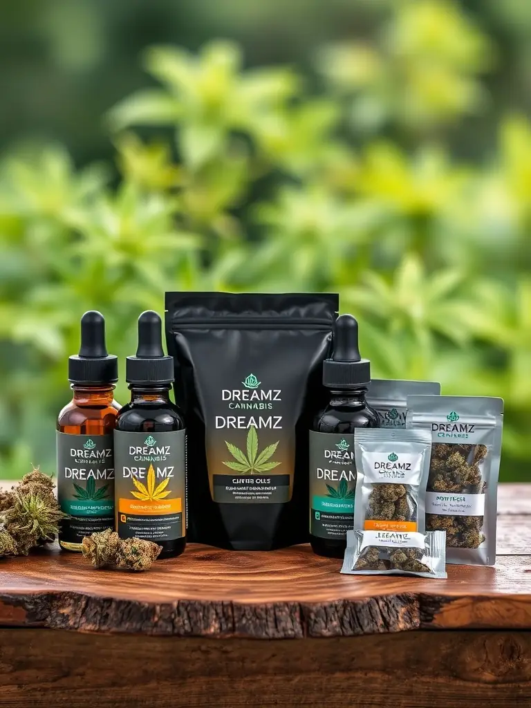 A professional photograph showcasing a neatly arranged display of 28-gram bags of Blue Dream THCA flower, highlighting the quality and freshness of the product, set in a well-lit, clean environment.